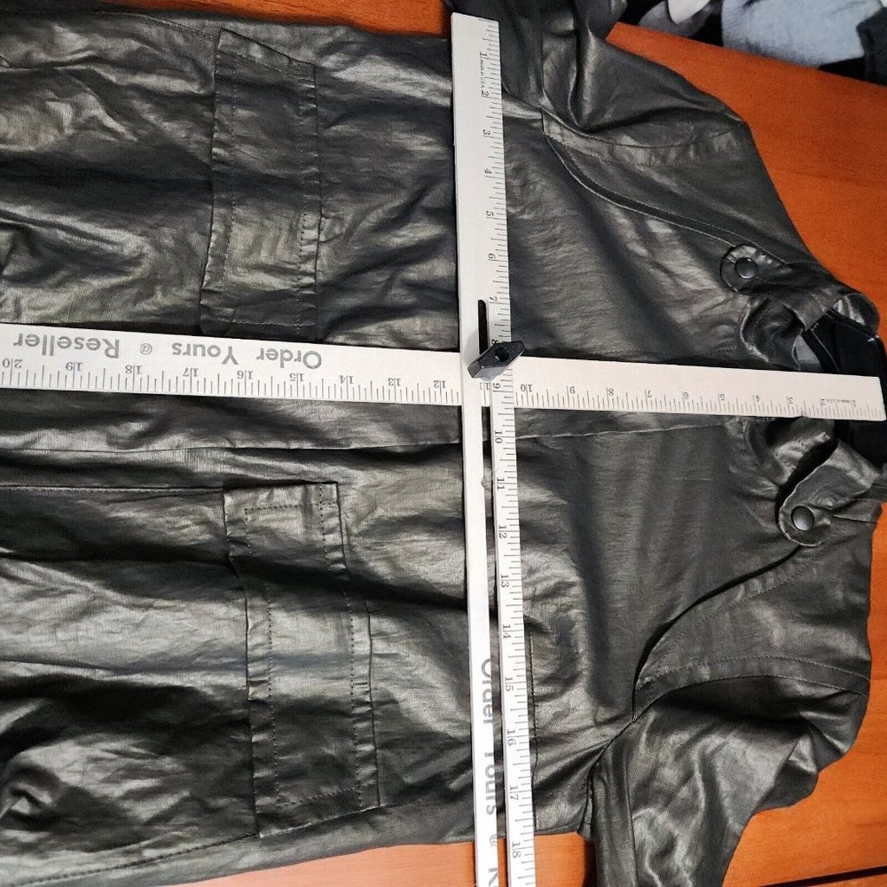 French Connection Bomber Jacket Womens Olive Green Metallic Coated Linen Y2K - Picture 10 of 13